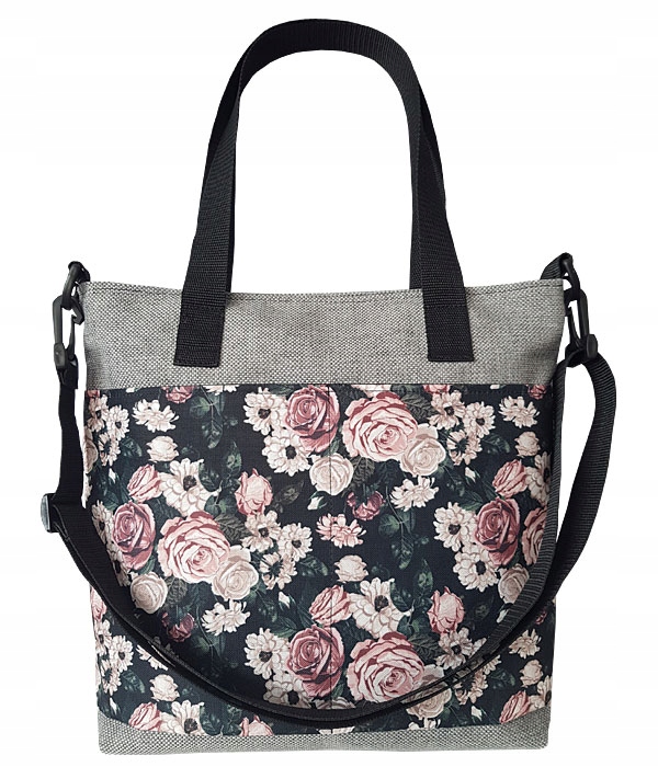 TOREBKA DAMSKA Z KIESZENIĄ W KWIATY WOREK LEN