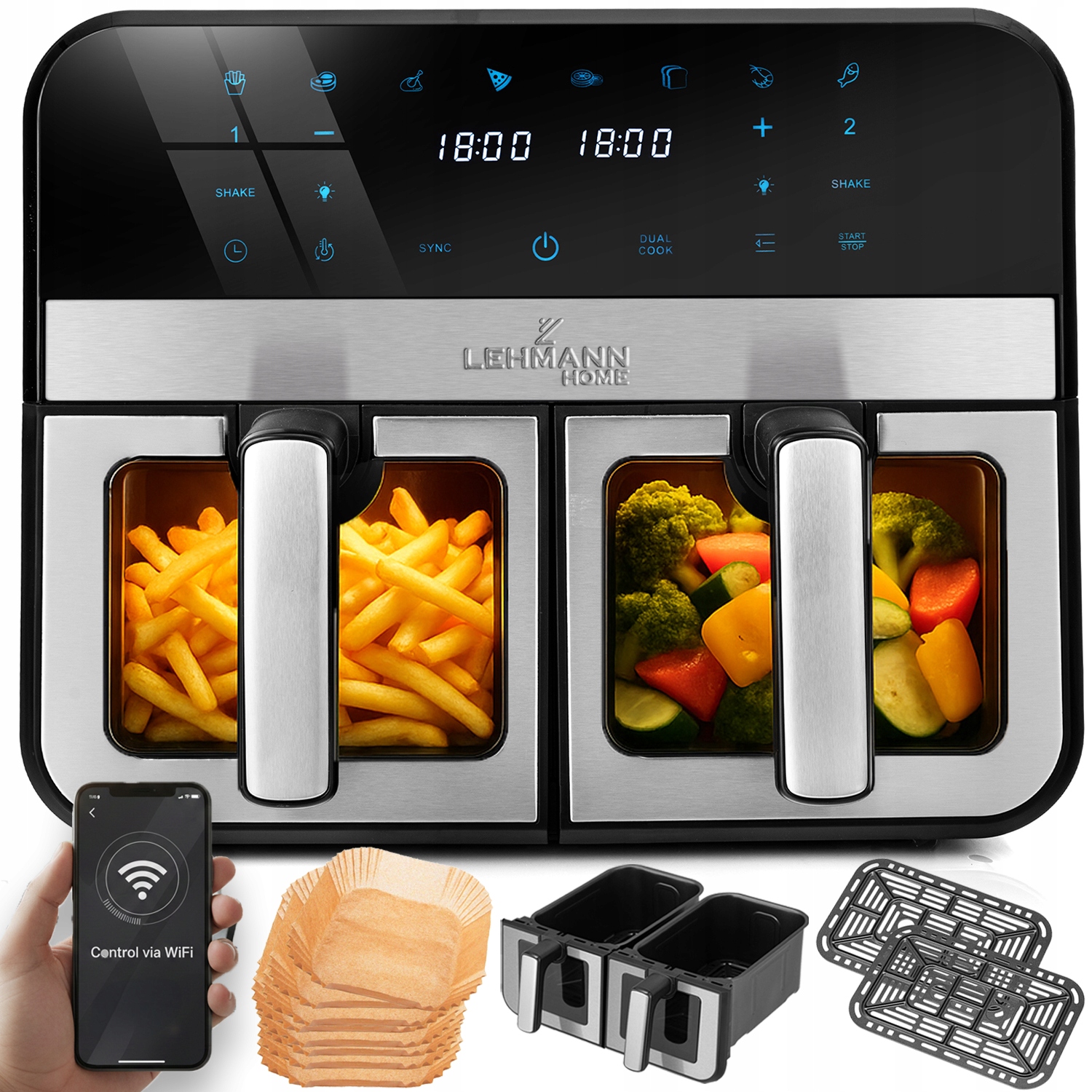 Frytkownica Beztłuszczowa Podwójna Frytownica 9L Airfryer Dwukomorowa Wifi