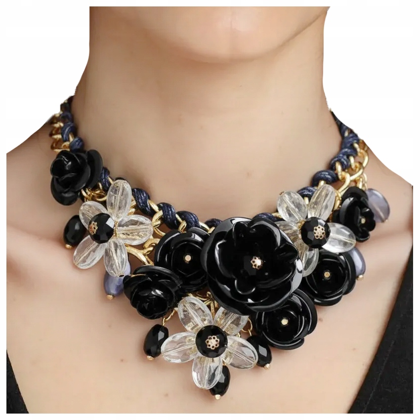 Naszyjnik Kolia Kwiaty Kwiatki Kolor Złoty Czarny Biały Efektowny Stylowy