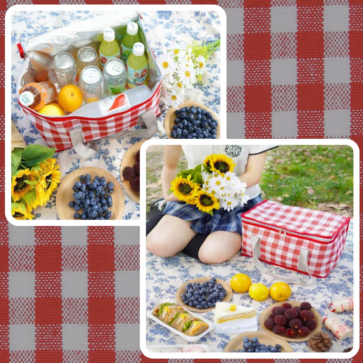 LUNCH BOX duża termiczna piknikowa pojemna na jedzenie torba w kratkę Kolor dominujący wielokolorowy