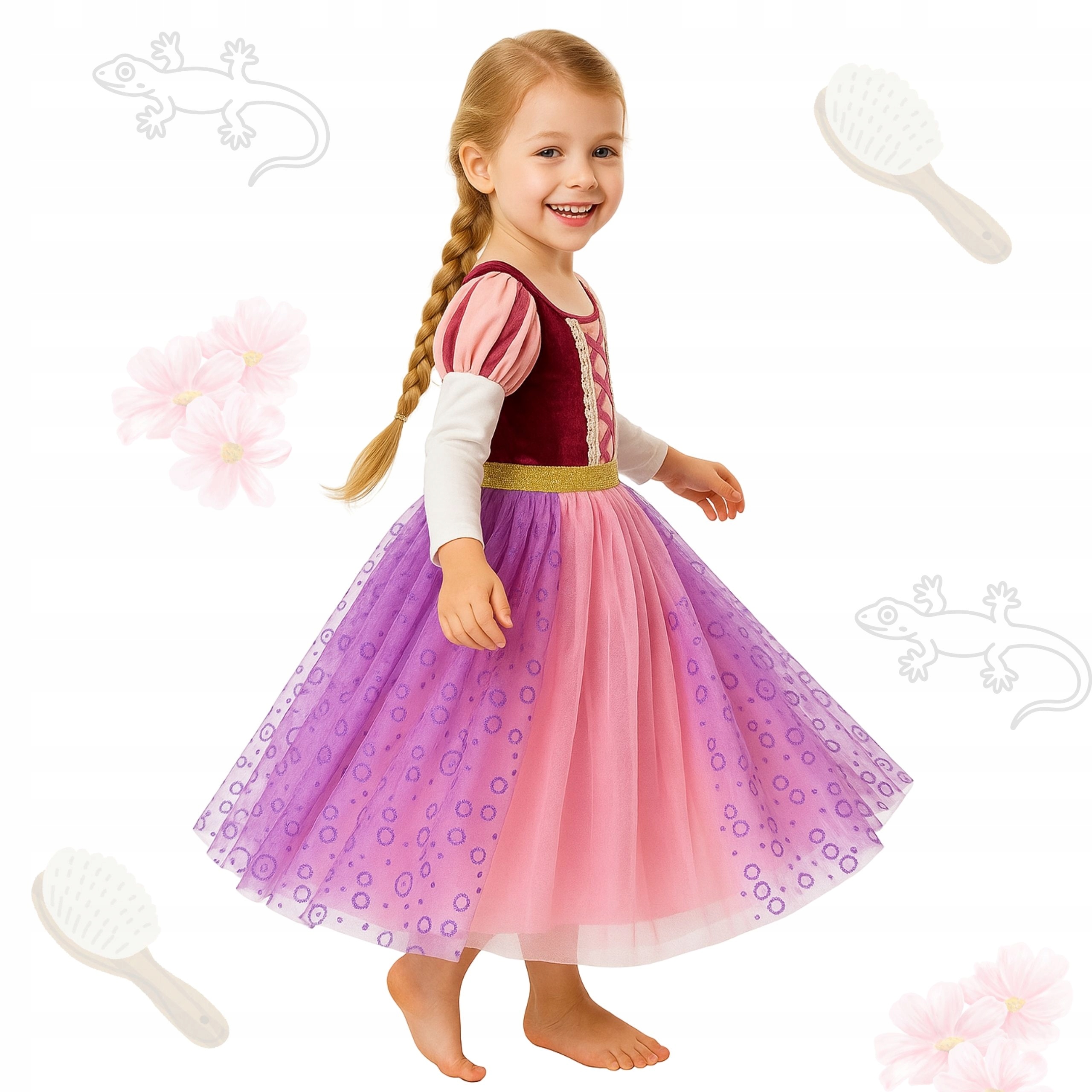 MASKA KOSTUMA RAPUNZEL KARNEVALSKA OBLEKA ZLATOLASKE 104 110 Tema Rapunzel