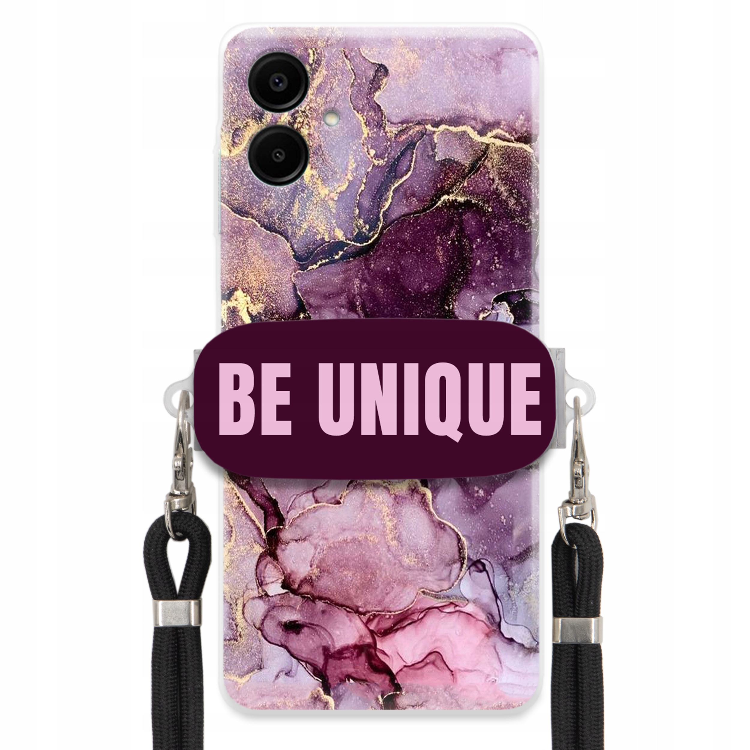 Prémiové puzdro pre Samsung A06 Case držiak na šnúrku Čierny fialový mramor
