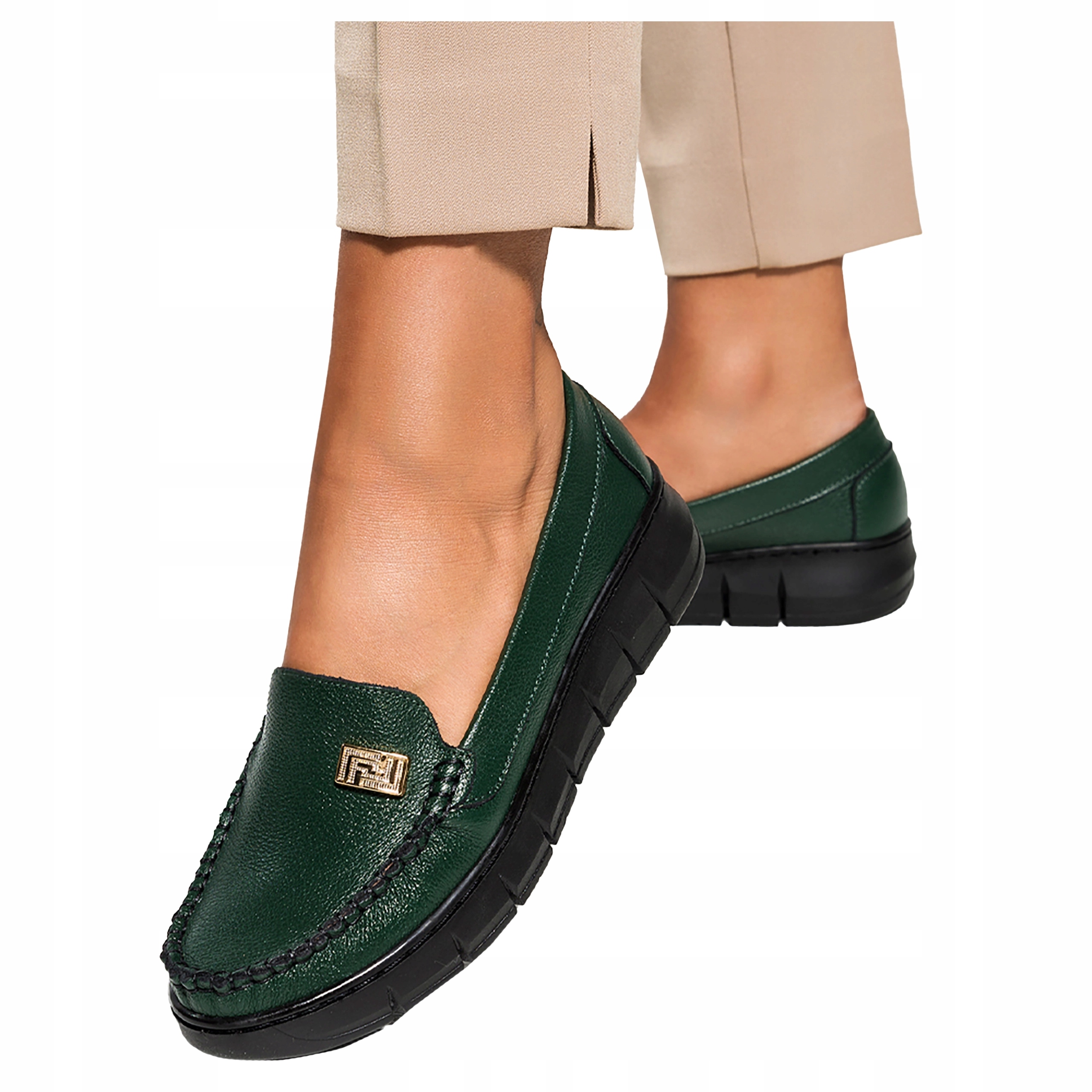 Zelené Dámské Kožené Mokasíny Na Platformě Ozdoba Polský Výrobek vel. 37