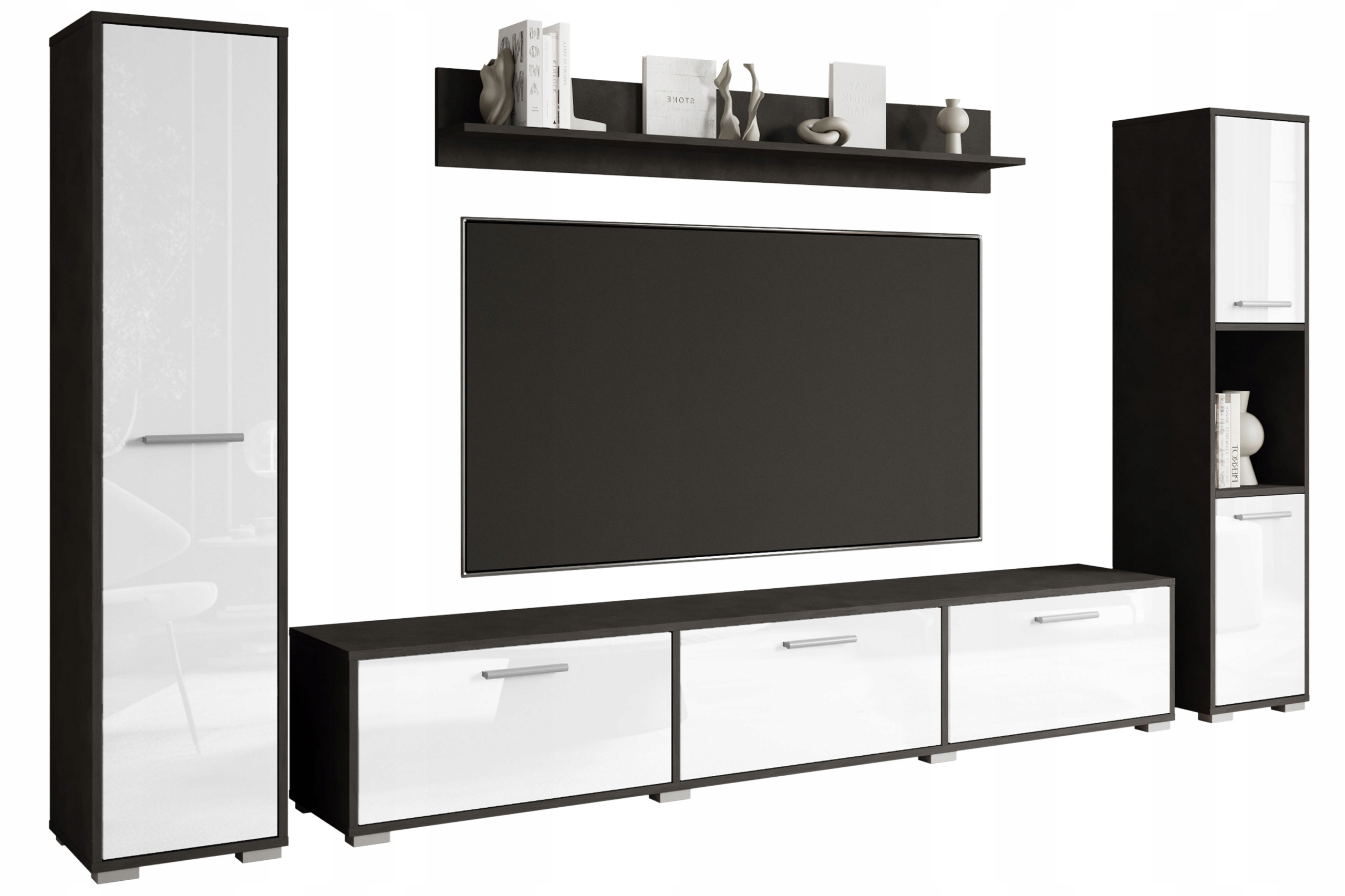 Sada závěsná a stojící skříňka Rtv sloupky police čela lesk antracit bílá