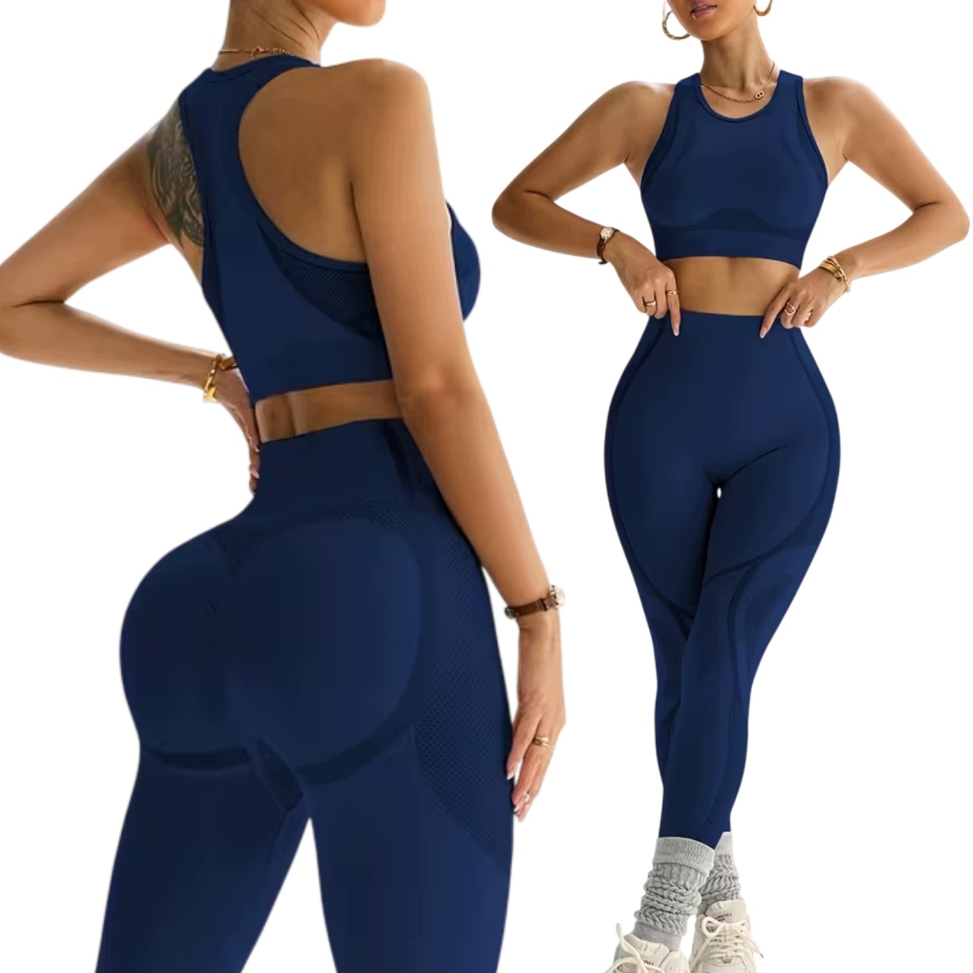 Komplet Sportowy Damski S Legginsy Push Up niebieski Wysoki Stan Fitness