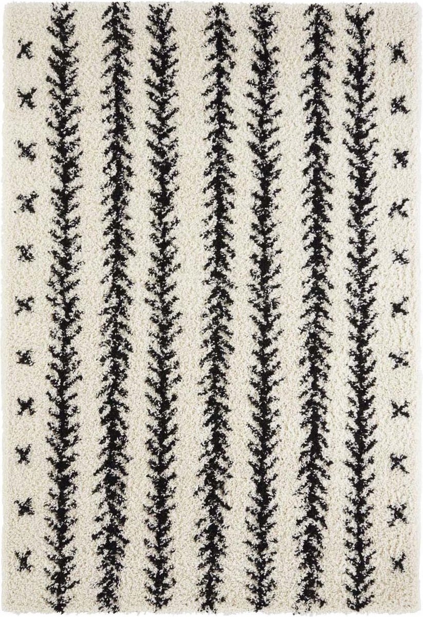Krémovo čierny hrubý shaggy koberec do obývačky, boho vzor 160 x 230 cm