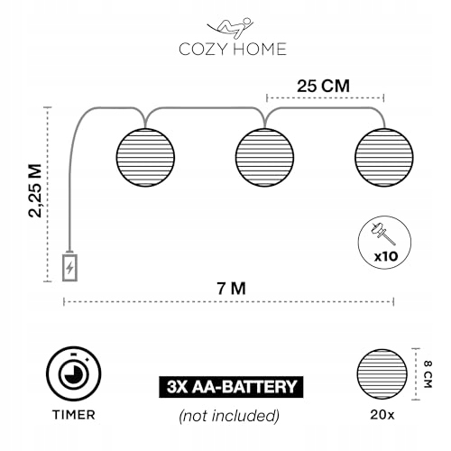 COZYHOME Lampiony LED 7m 8 Trybów Timer Ciepłe Białe Na Zewnątrz — miniatura 5