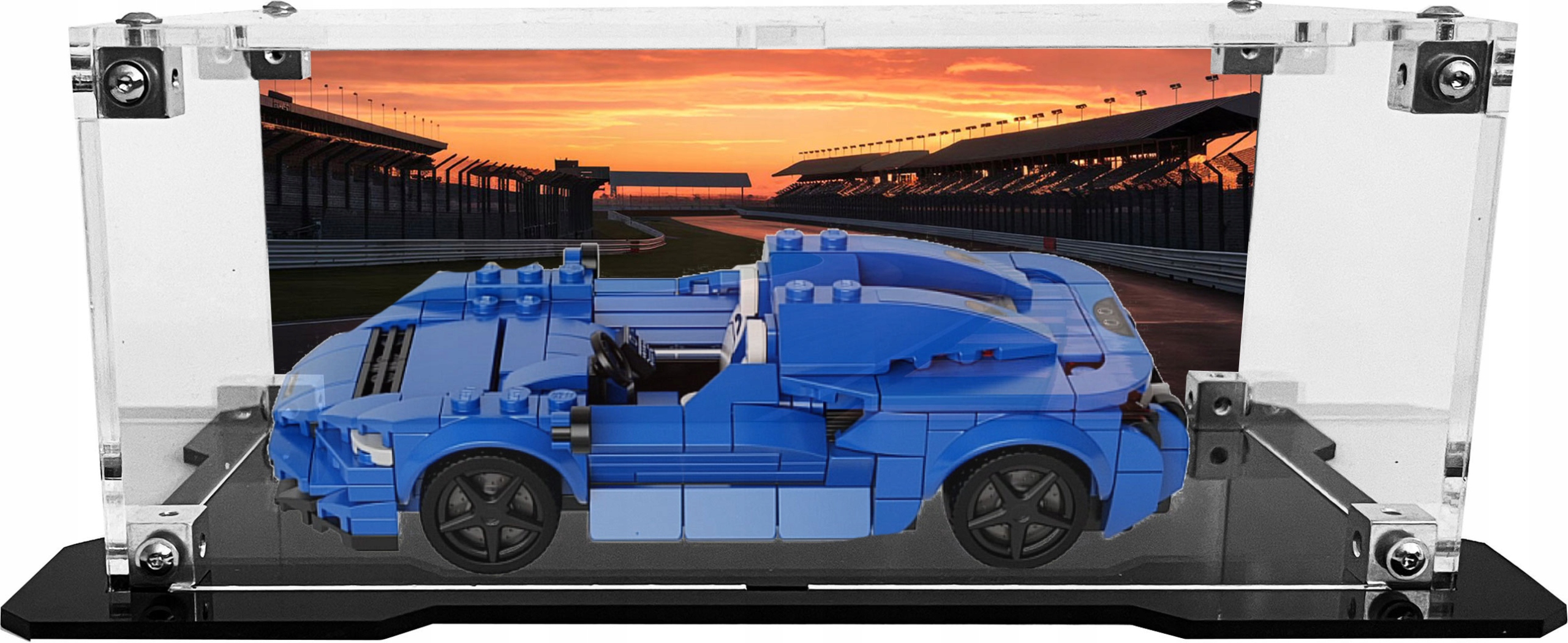 Vitrína s černou základnou a pozadím pro stavebnici Lego 76902 McLaren Elva