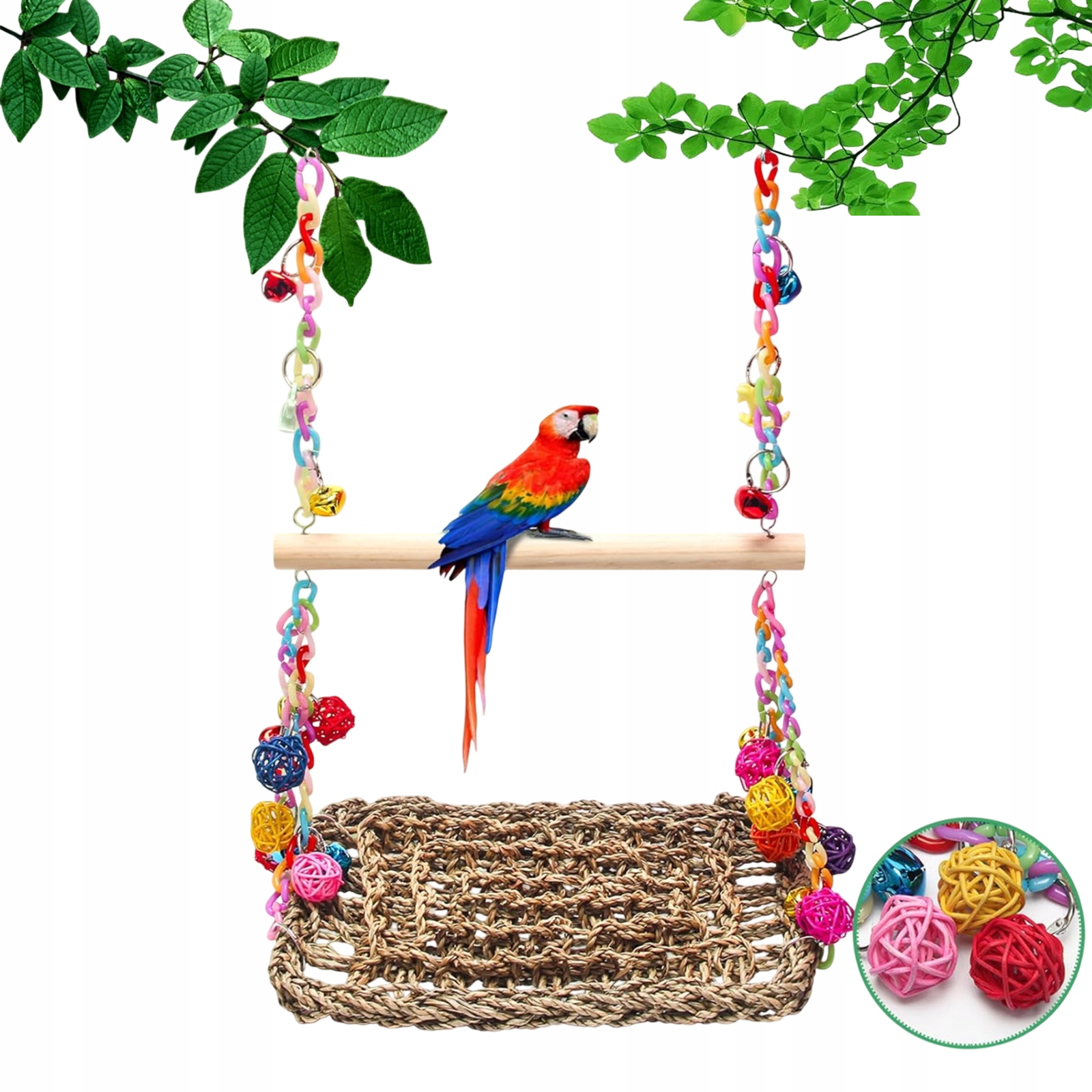 Levně Dřevěná Houpačka Pro Papoušky Malé Střední Ptáky Se Seagrass Trénink Klec