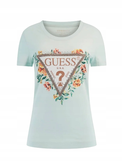 Guess Stretch Logo Blumen tričko s potiskem himmelblau Xs