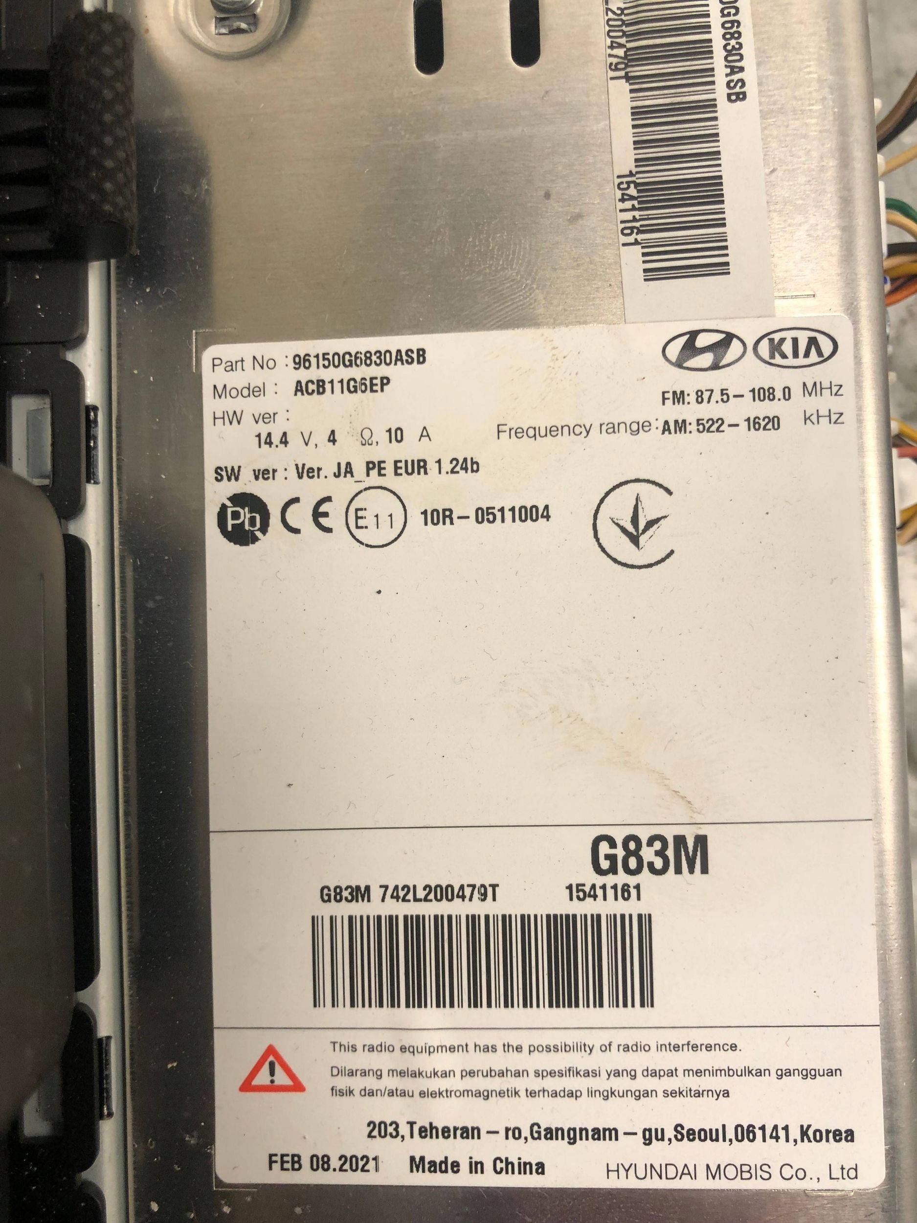 RADIO BLUETOOTH KIA PICANTO III 96150G6830ASB