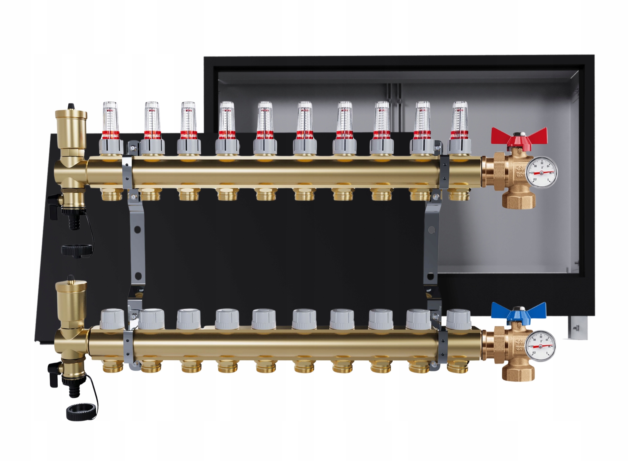 Rozdělovač Pro Podlahovou Krytinu 9 Okruhů S Podomítkovou Skříní, Černý Ventily