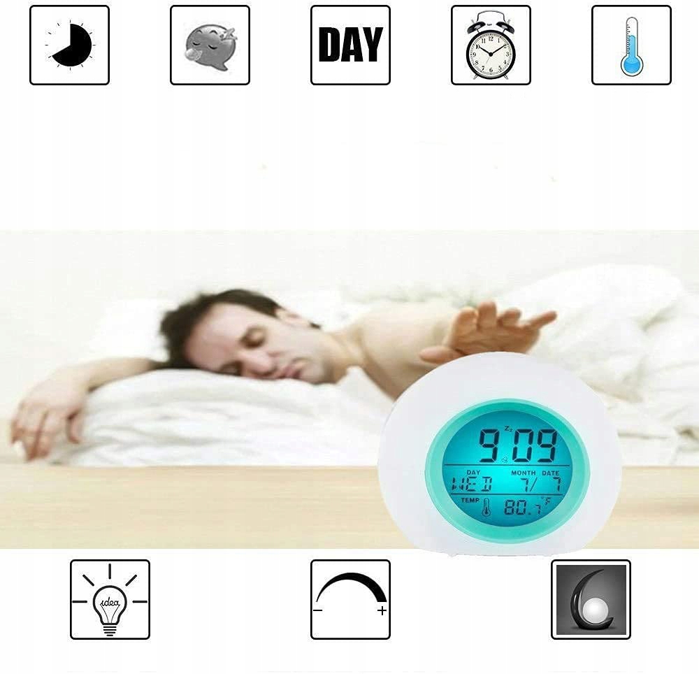 BUDZIK ZEGAR TERMOMETR LAMPKĄ NOCNĄ LCD 7 KOLOR Zasilanie baterie