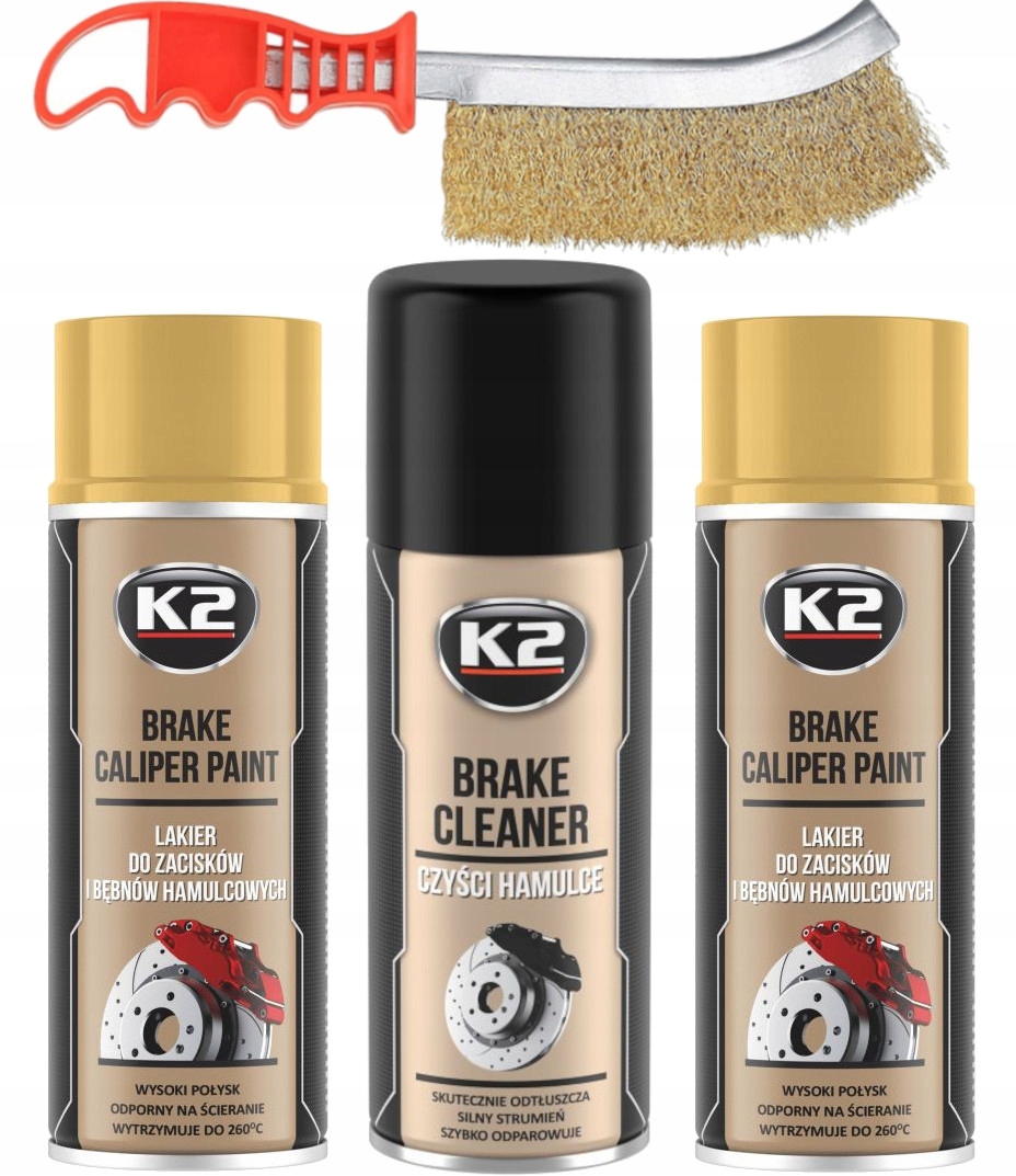 K2 Lakier do Zacisków Hamulcowych Złoty Spray 2x400 ml Zmywacz Szczotka