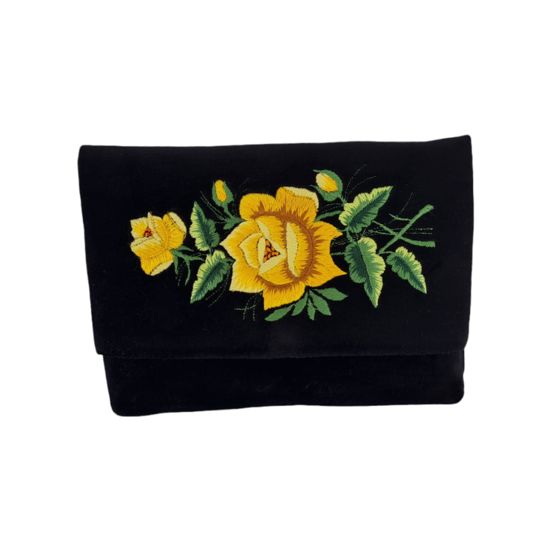 Černá Psaníčko Z Folkového Sametu – Lovecká Výšivka – Velká Žlutá Růže