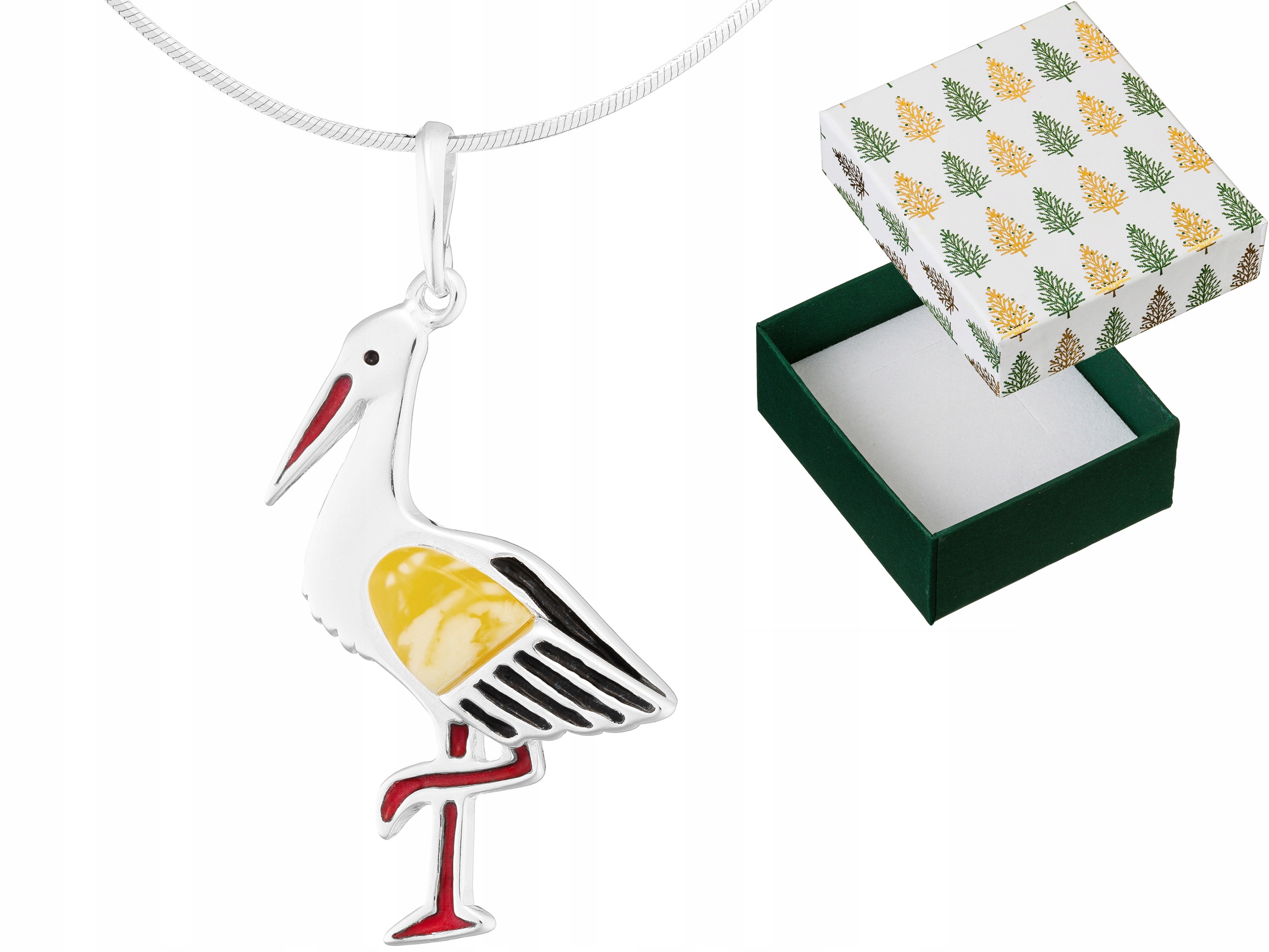 Stříbrný náhrdelník Čáp s barevným smaltem a jantarem Pták Řetízek 50 cm