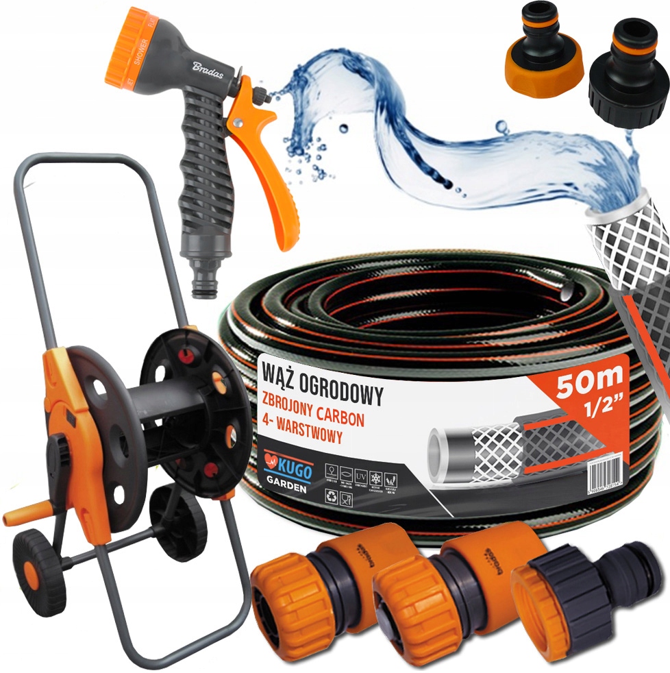 Hadice 1/2" 50 m 4 Vrstvy Carbon Pistolet Vozík Sada Bradas