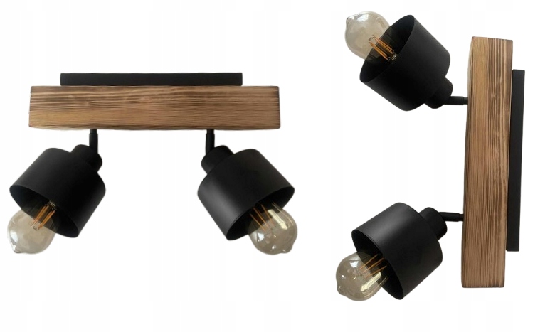 Lampa lustr nástěnná dřevo silný trám 2xE27 Loft Černá drátěnka