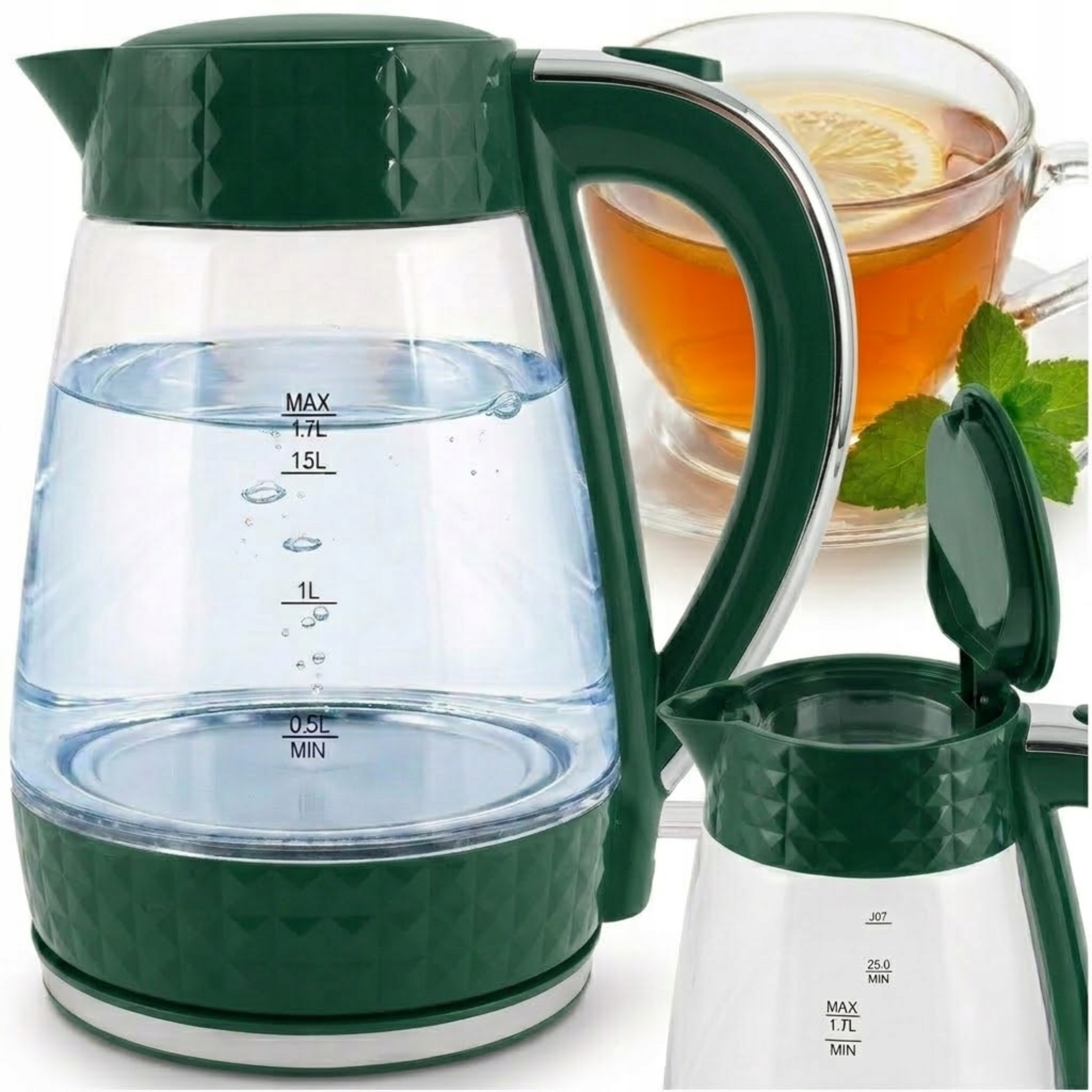 Czajnik elektryczny szklany bezprzewodowy cichy Łucznik 1,7L 2200W Zielony