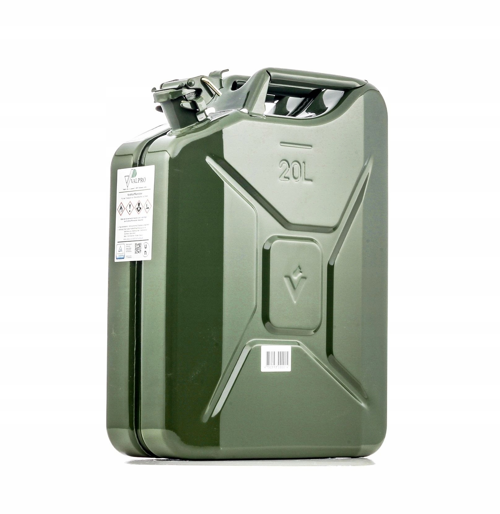 Kanystr na palivo 20L Kovový Ocelový Benzín Ropa Atest Olivově zelený