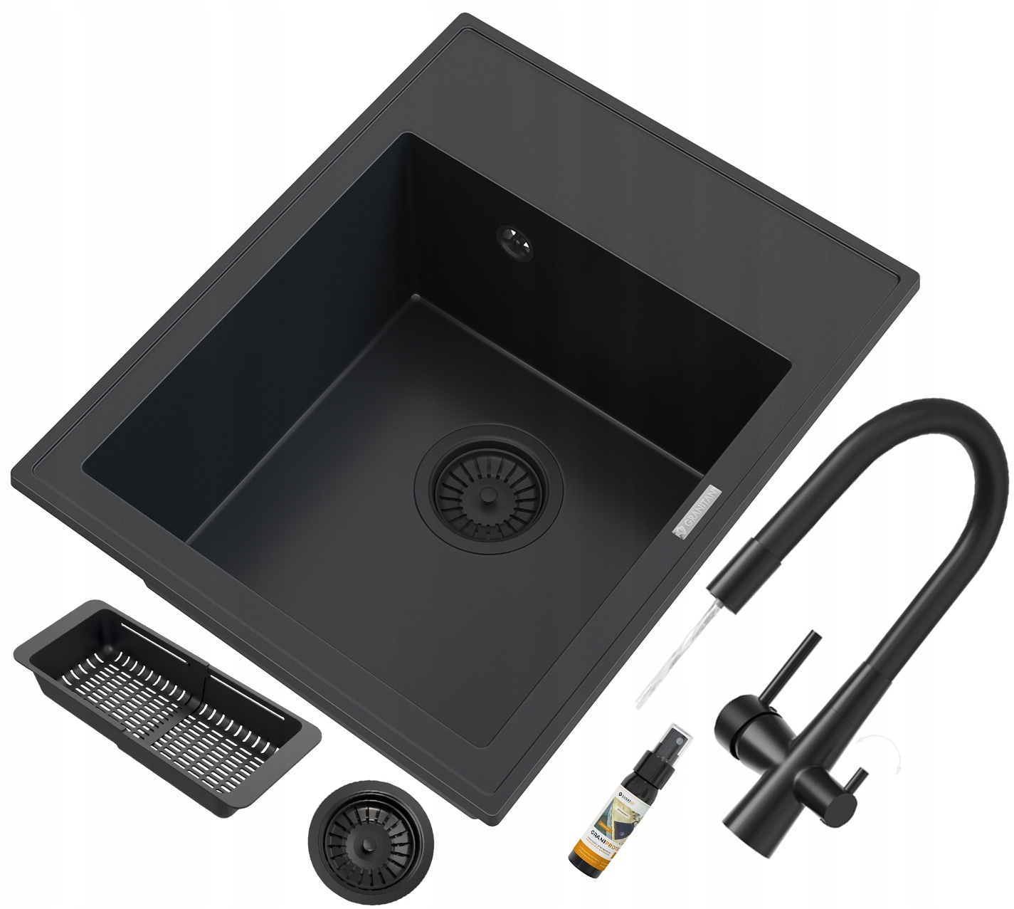 Granitový drez čierny Nero Sada trojcestná batéria čierny košík sifón
