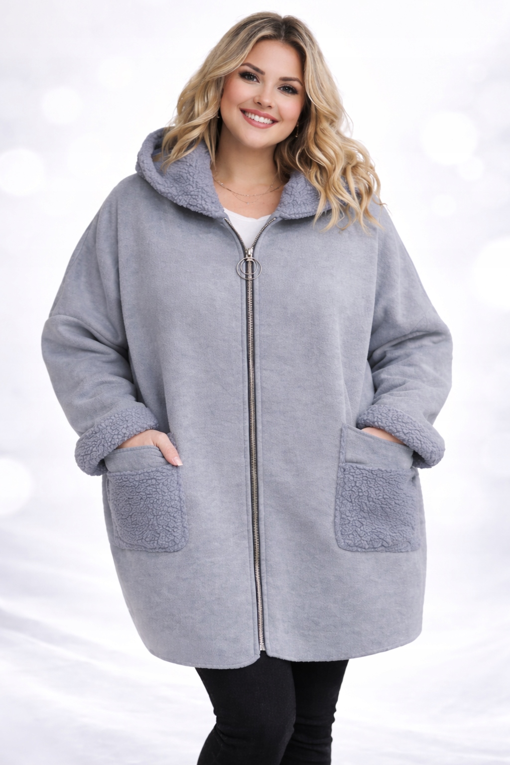 Kožíšek typu beránek, zateplený kabát s kapucí plus velikost 52 54 6XL 7XL
