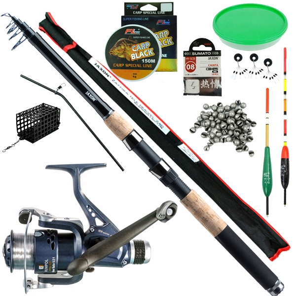 Zestaw Wędkarski na spławik grunt Wędka Jaxon 2,4m Tele, Kołowrotek Żyłka