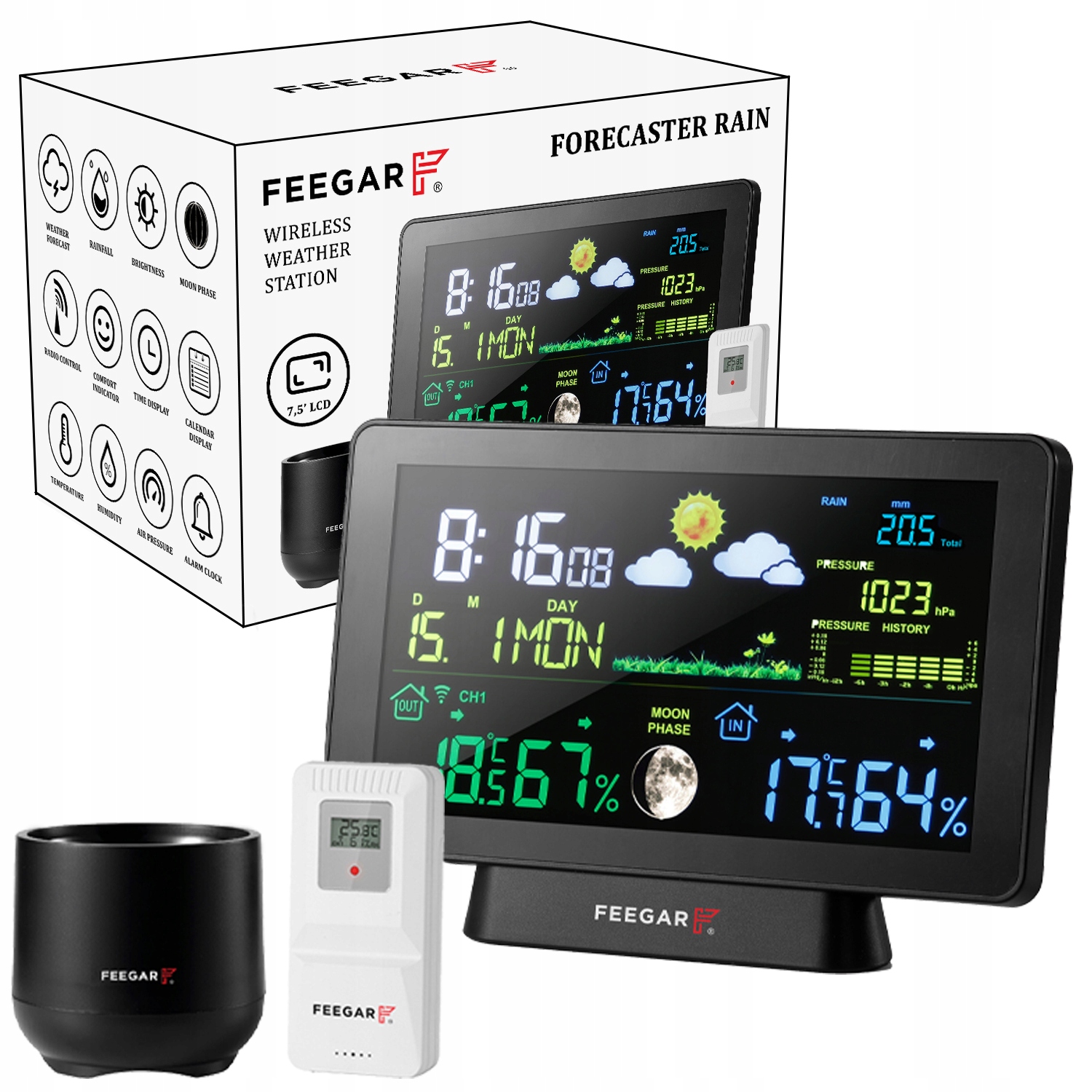 Bezdrôtová meteorologická stanica Feegar Rain 7,5" Meranie dažďa teplo
