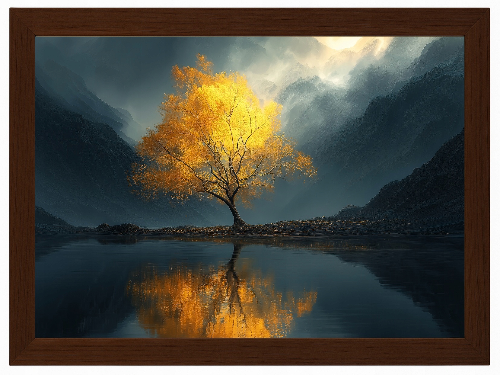 Plakát Rámeček Dřevo Zlaté Horské Dřevo Jezero Mlha Odraz 100x70