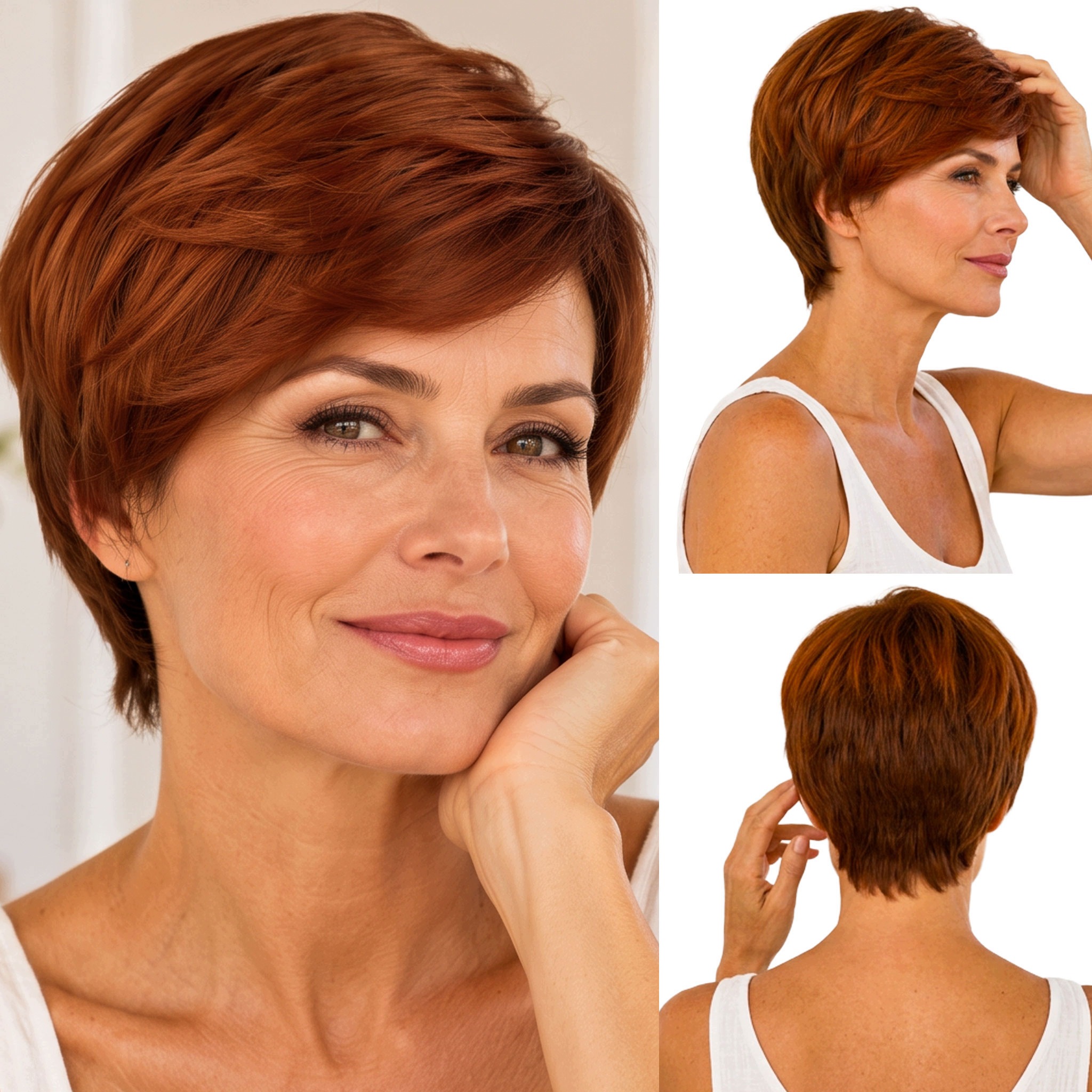 Peruka z włosów syntetycznych Pixie Cut bardzo lekka krótka brąz rudy