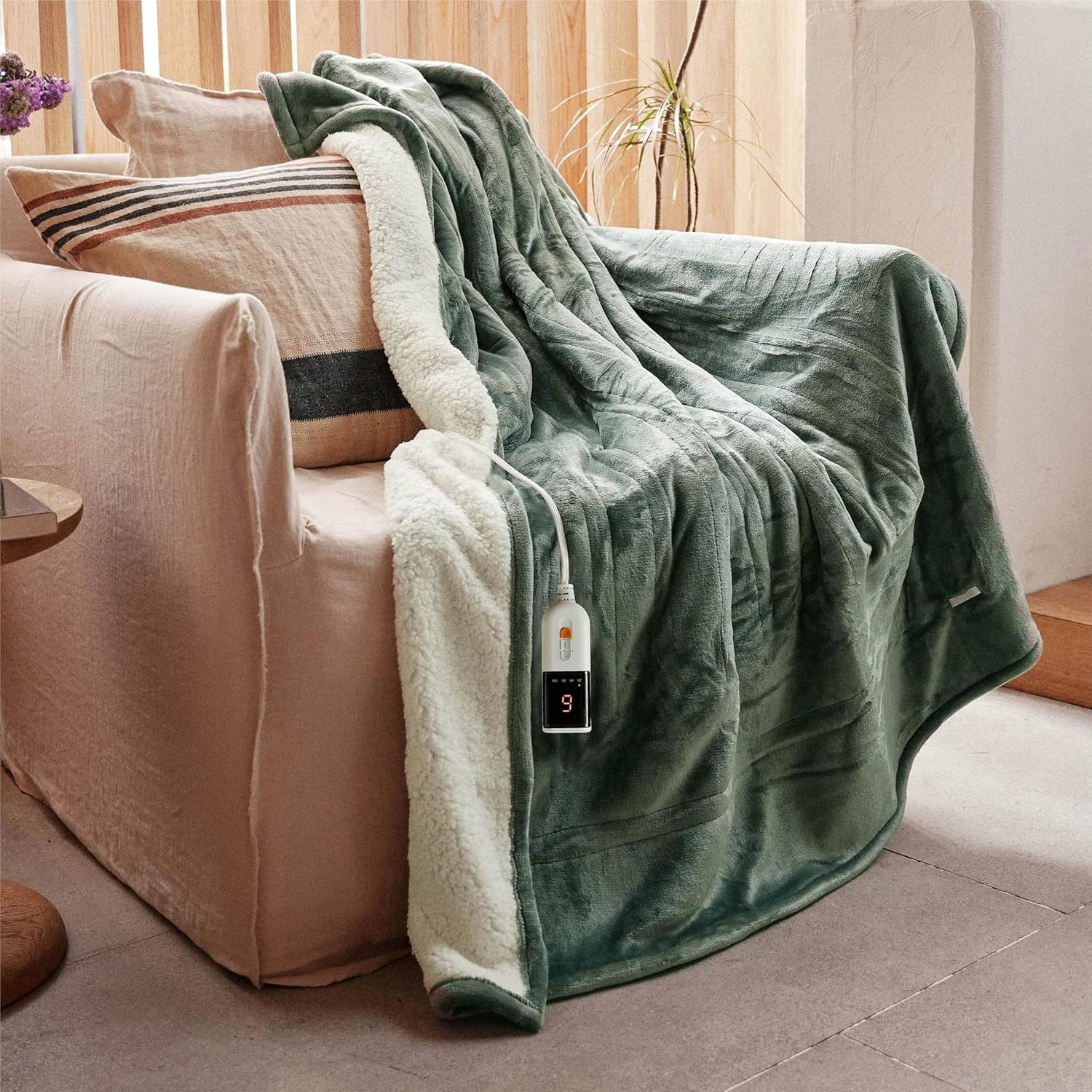 Gotcozy koc grzewczy 130x180cm jedwabisty 6 stopni grzania zielony pluszowy