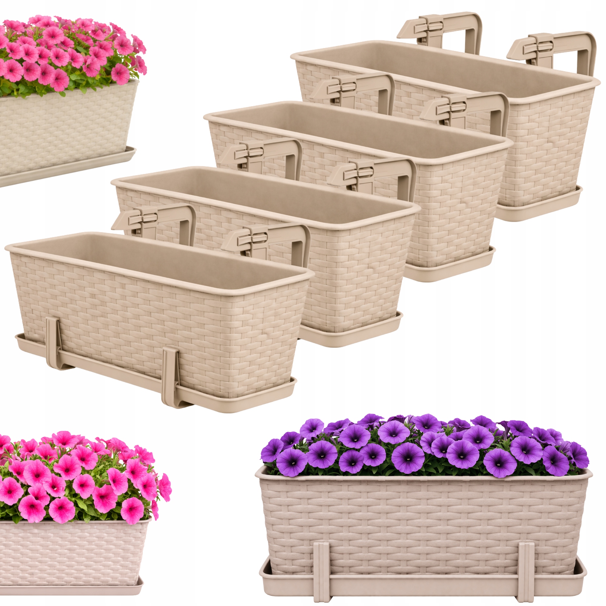 4 x Květináč Balkonový Truhlík 40 cm Držáky Béžová Sada