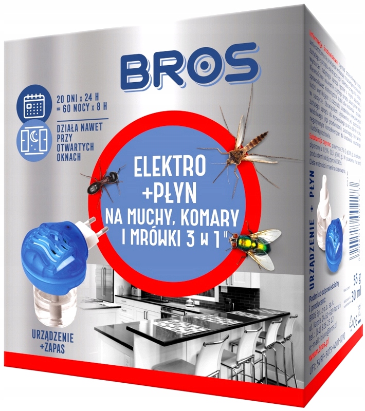 BROS ELEKTRO OWADOBÓJCZY Z PŁYNEM KOMARY MUCHY MRÓWKI MOLE ELEKTROFUMIGATOR