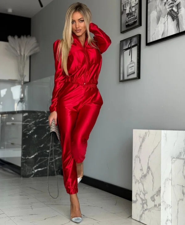 Saténový dámský komplet Bomber Joggery Vysoký pas Premium Červená M