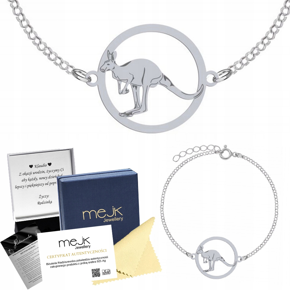 Stříbrný náramek s kangurem 925 Dárek pro předškolačku Dedikace
