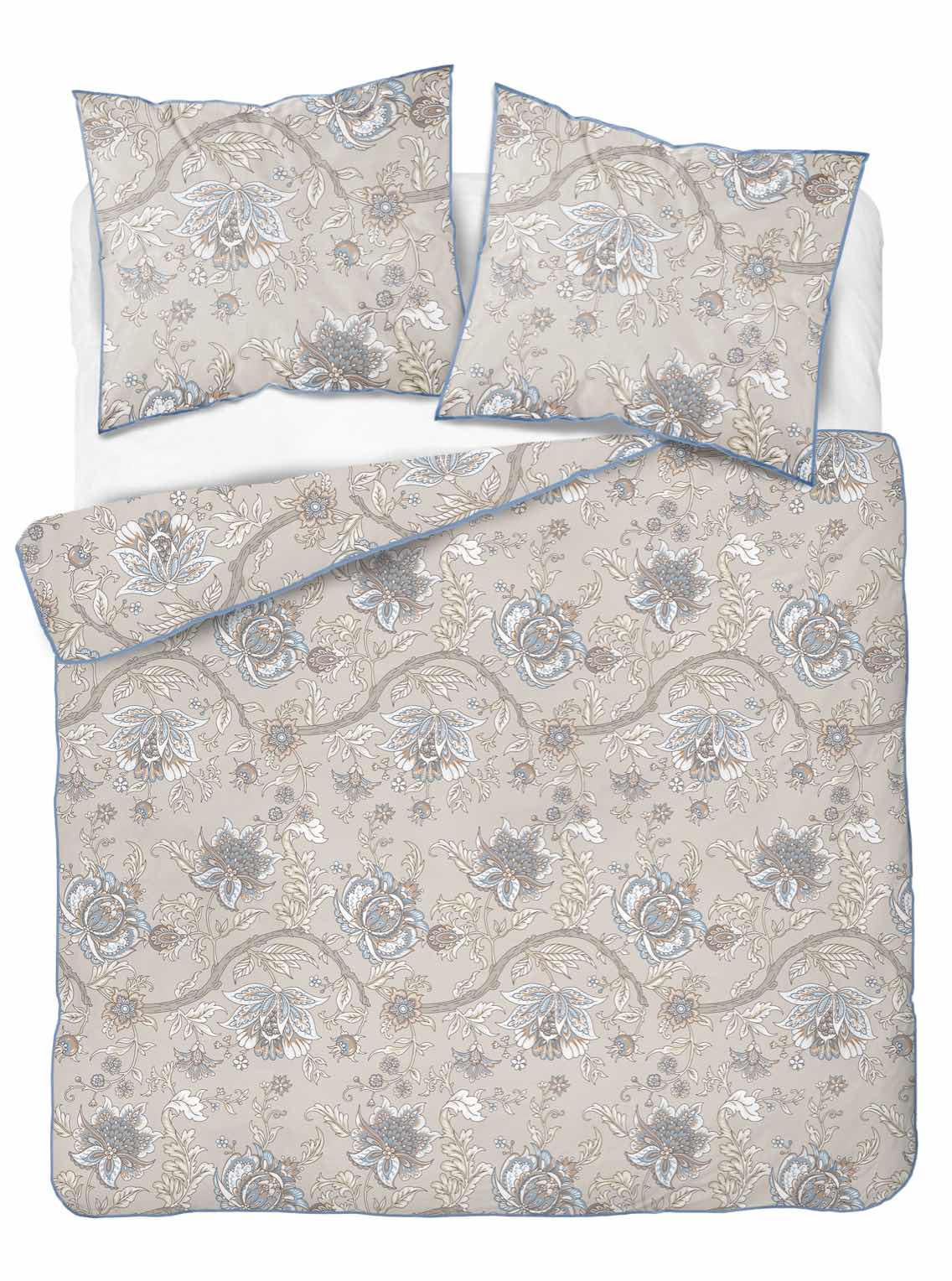 pościel z perkalu z lamówką 220x200 Perkal beżowa w kwiaty 5242B