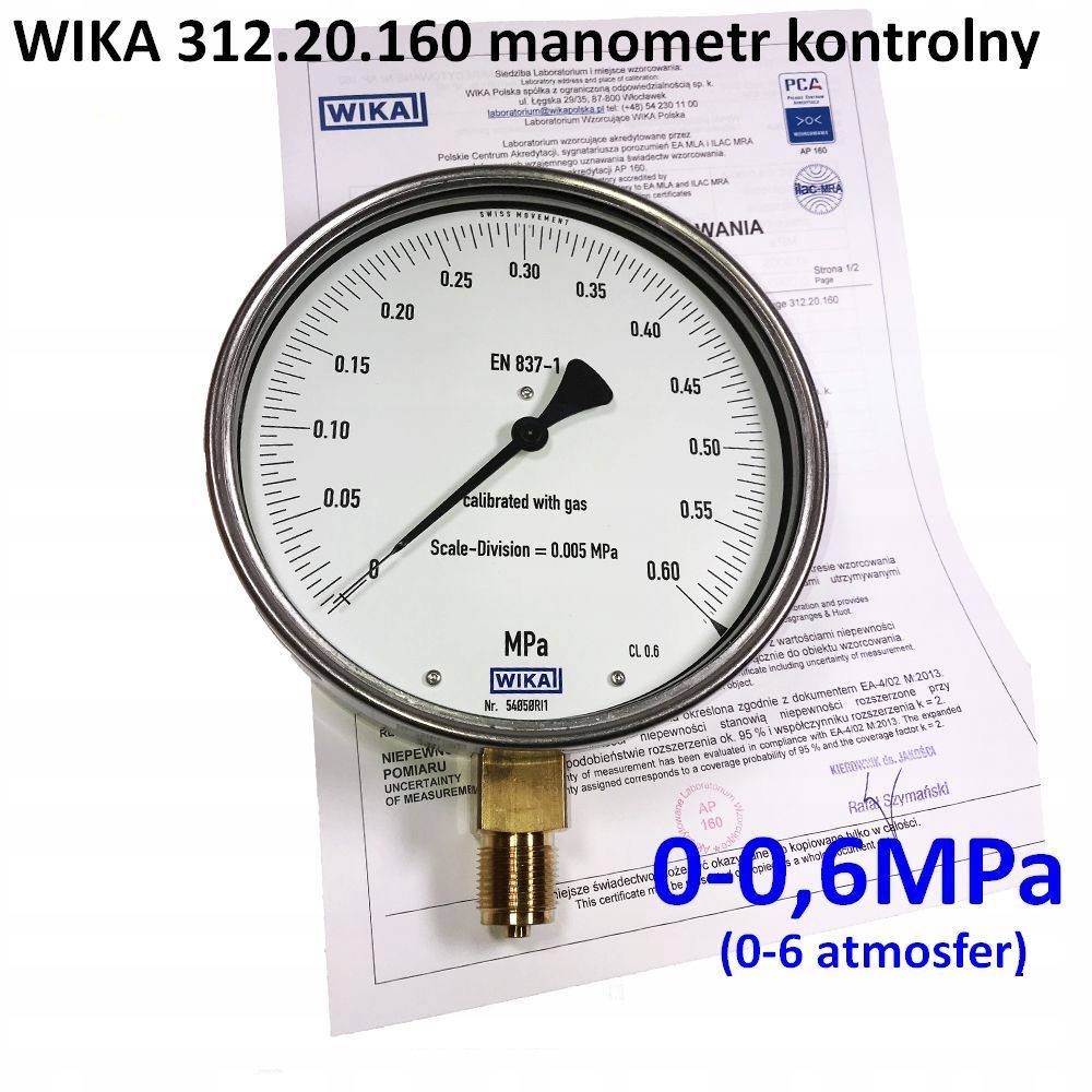 0-0,6MPa (6atm.) Manometr kontrolny wzorcowy Wika 312.20.160 Pca kl.0,6 M20