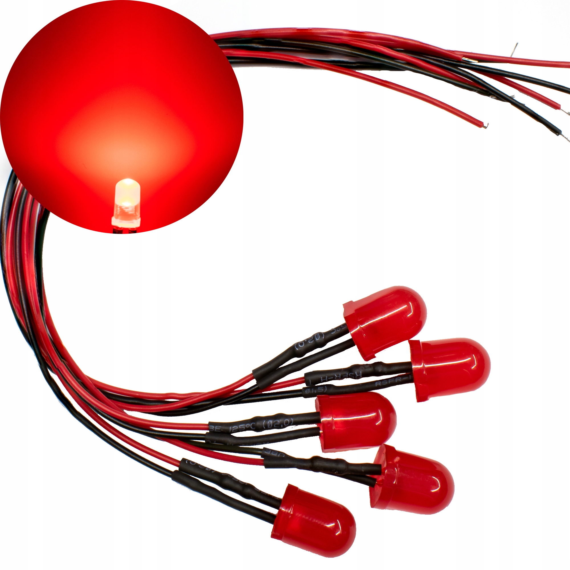 DIODY LED 12V 10mm CZERWONE MATOWE - przewody długość 20cm | komplet 5 SZT