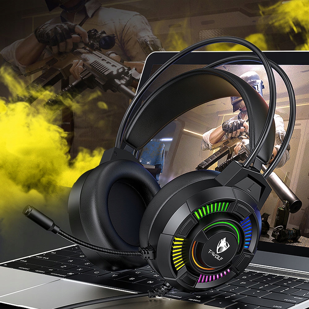 SŁUCHAWKI Z MIKROFONEM GAMINGOWE DO GRANIA DLA GRACZY NAUSZNE RGB USB 7.1 Kod producenta T-Wolf H140 PODŚWIETLANE RGB DLA GRACZY