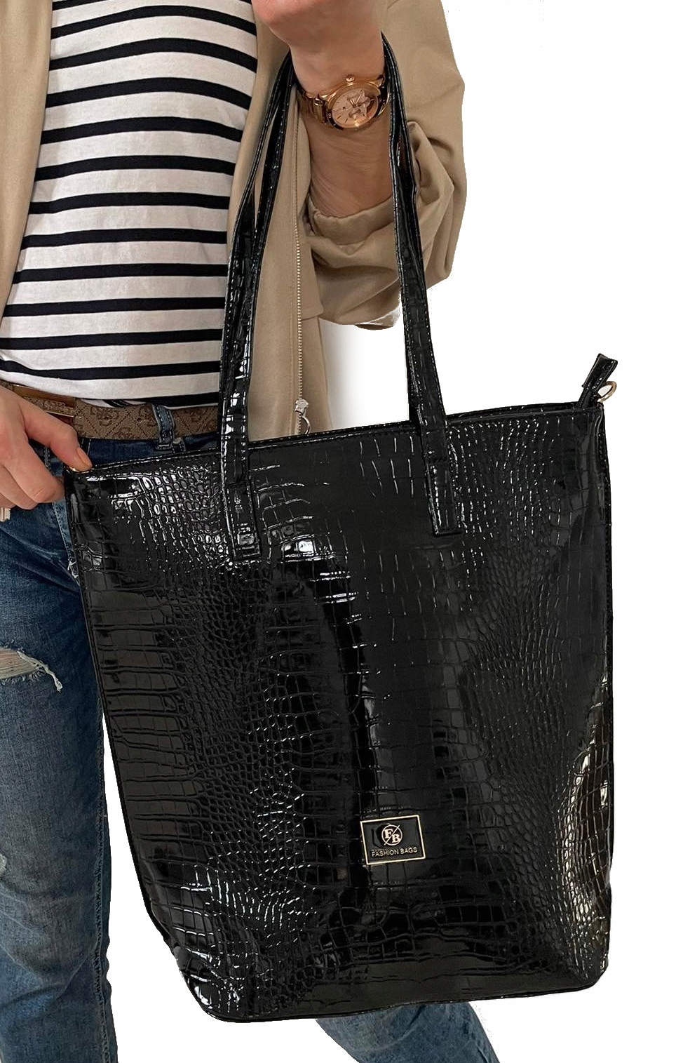 ŚWIETNA LAKIEROWANA TORBA SHOPPER ALIGATOR xl A4 Model SHOPPER