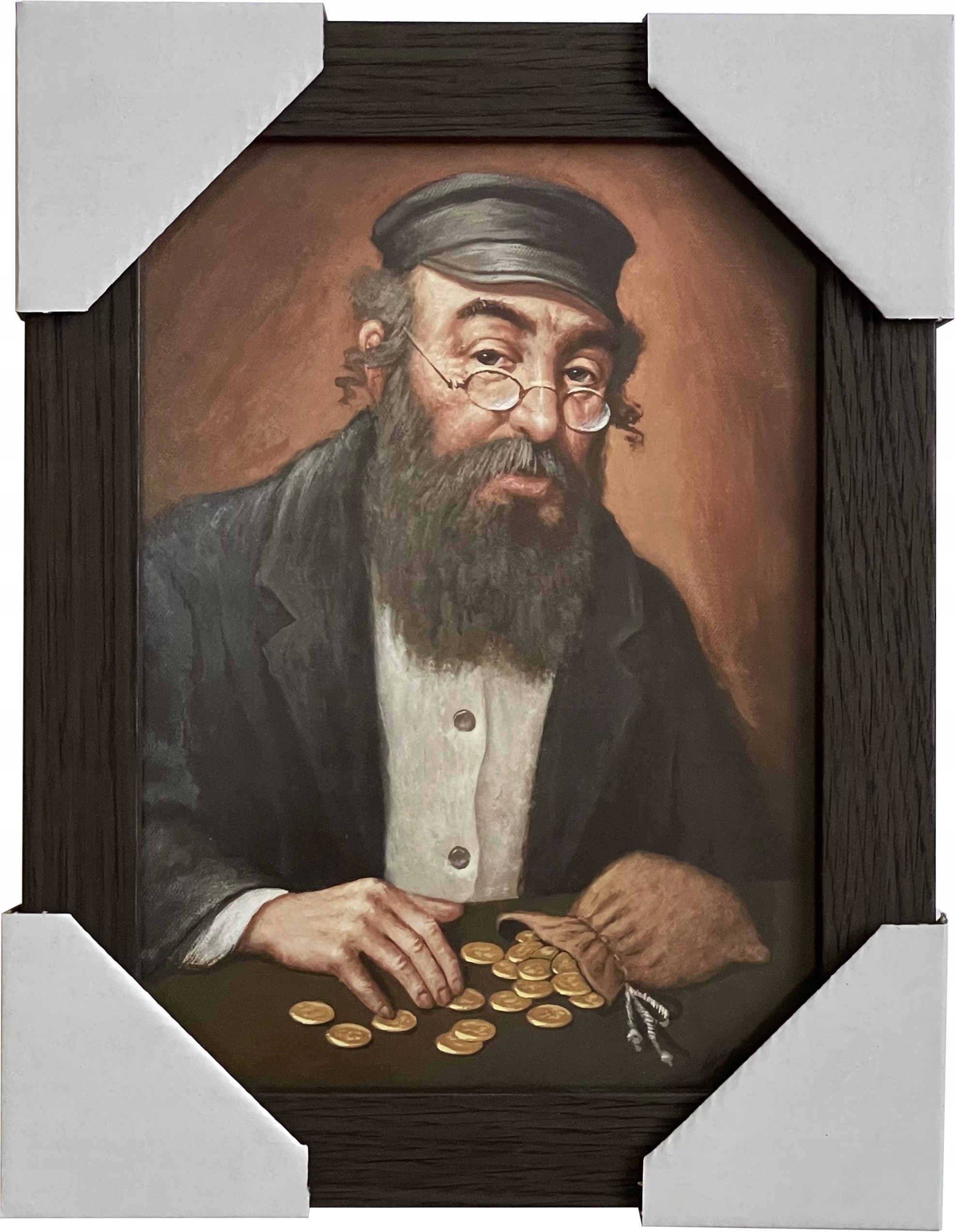OBRAZ 29x22 ŻYD LICZĄCY PIENIĄDZE SZARA RAMA Wysokość produktu 29 cm
