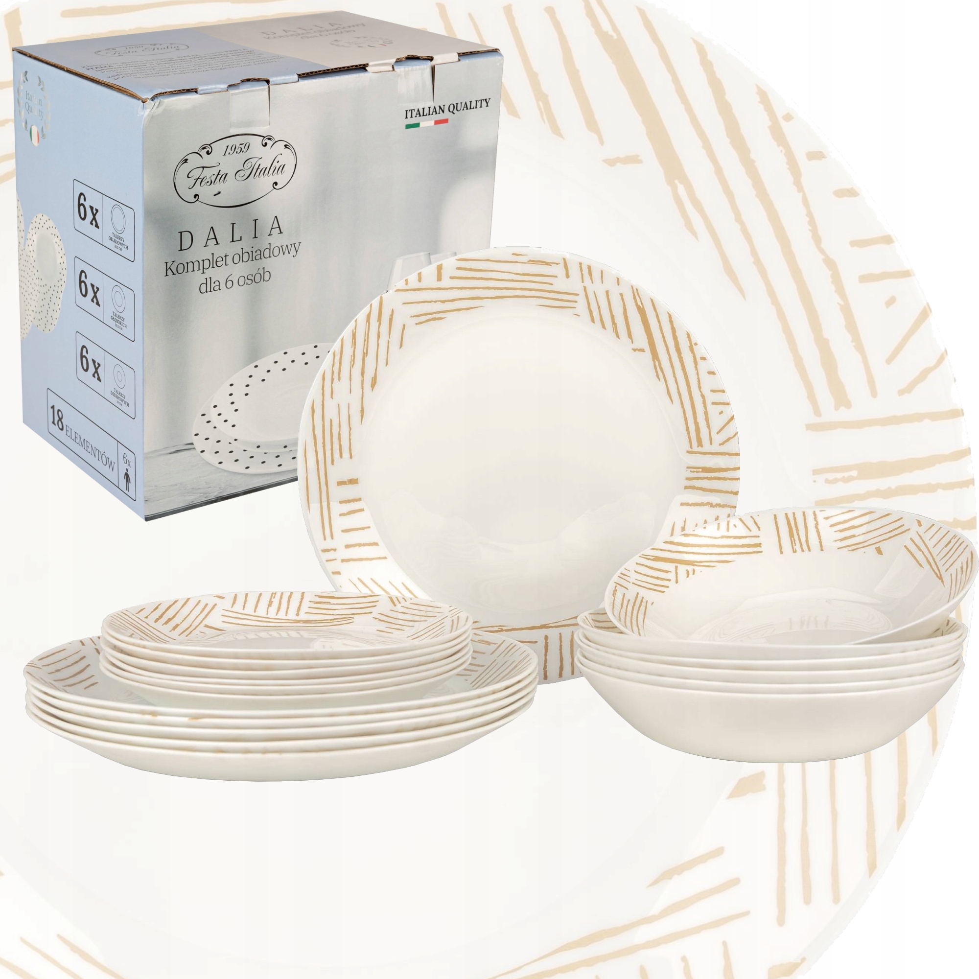 KOMPLET TALERZY SERWIS OBIADOWY 18EL 6 OSÓB TALERZE BIAŁE SZKŁO DALIA Marka Festa Italia