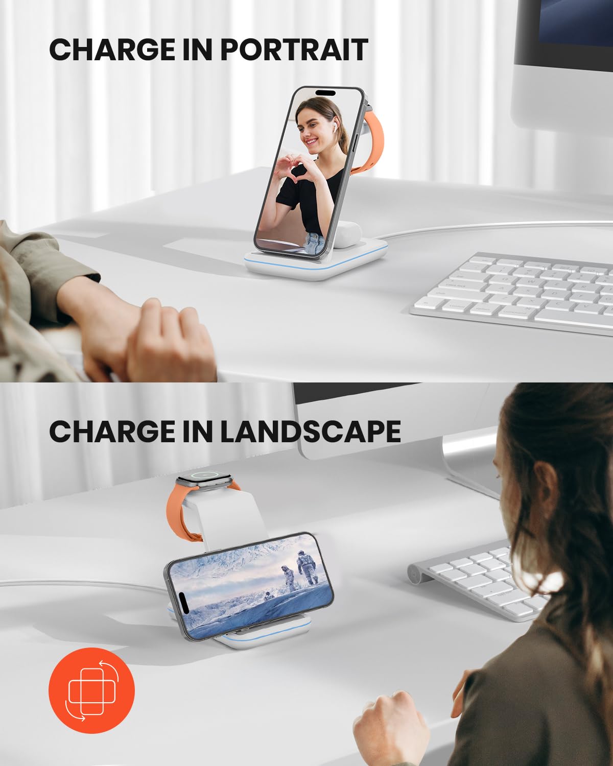 GEEKERA Ładowarka Bezprzewodowa 3w1 iPhone Apple Watch AirPods Biała — miniatura 3