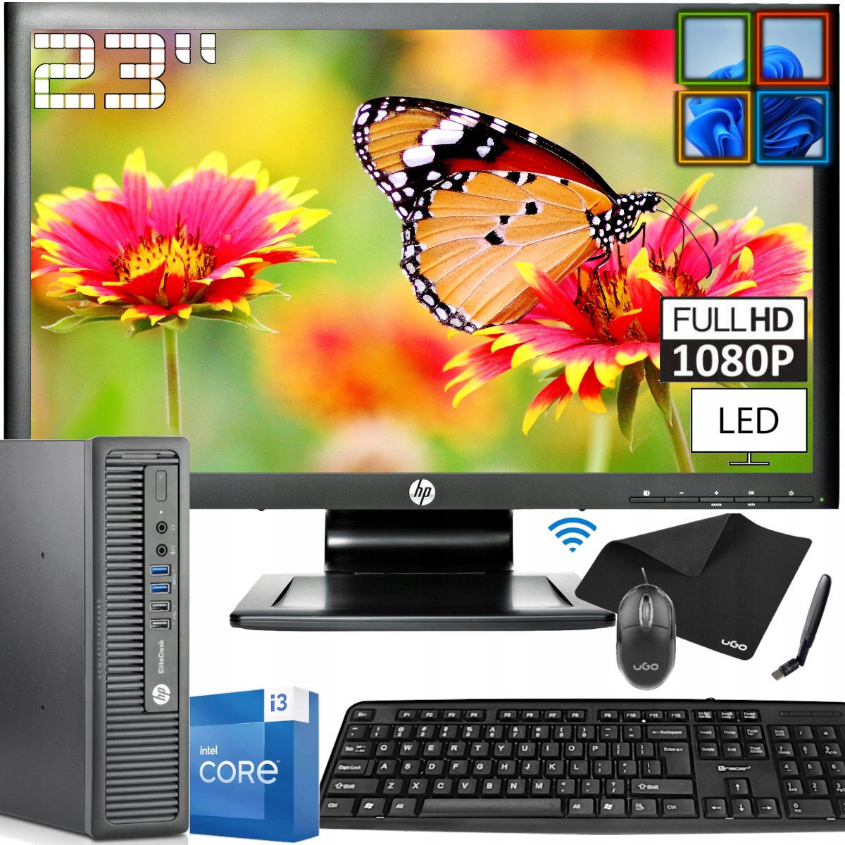 ZESTAW KOMPUTEROWY HP 800 G1 Core i3 8/500GB WiFi MONITOR LED 23'' WIN11