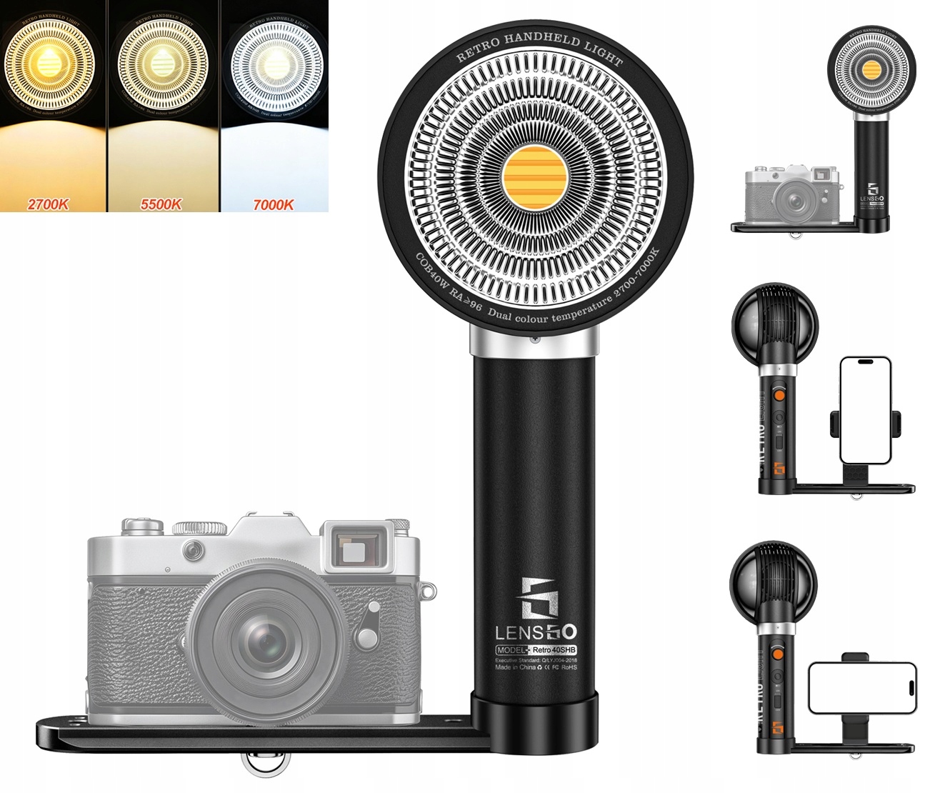 Ruční Led lampa 40W Cob Retro 2700-7000K pro telefon fotoaparátu Lensgo 40SHB