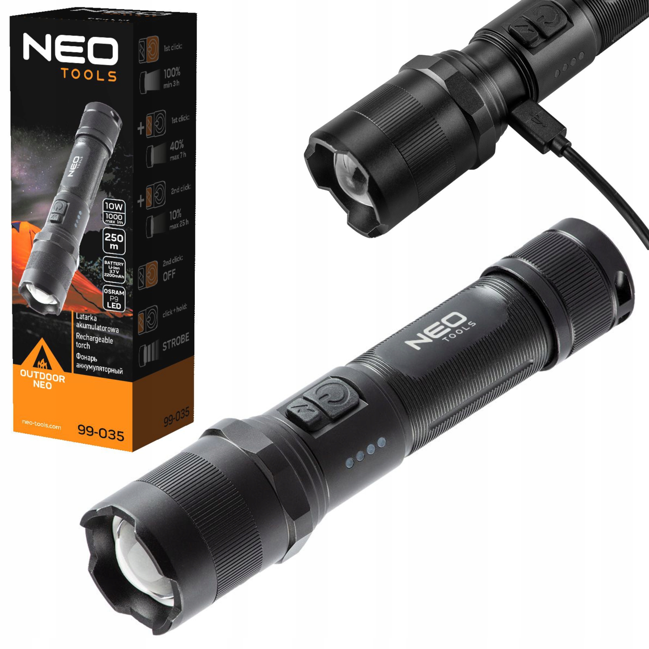 Neo Klasická Akumulátorová Svítilna Usb Osram P9 Led 1000 LM 4 Funkce 99-035