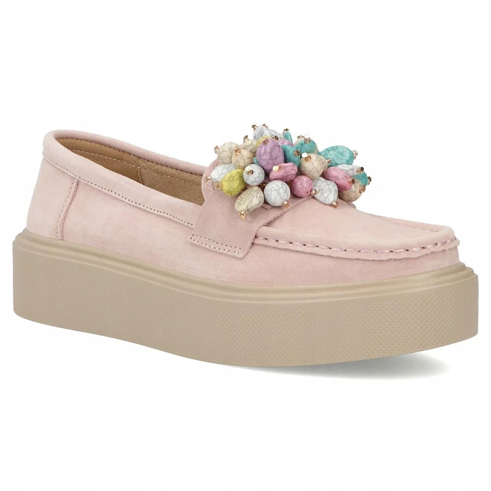 Skórzane mokasyny damskie z Koralikami zamszowe półbuty Filippo DP6765 Róż