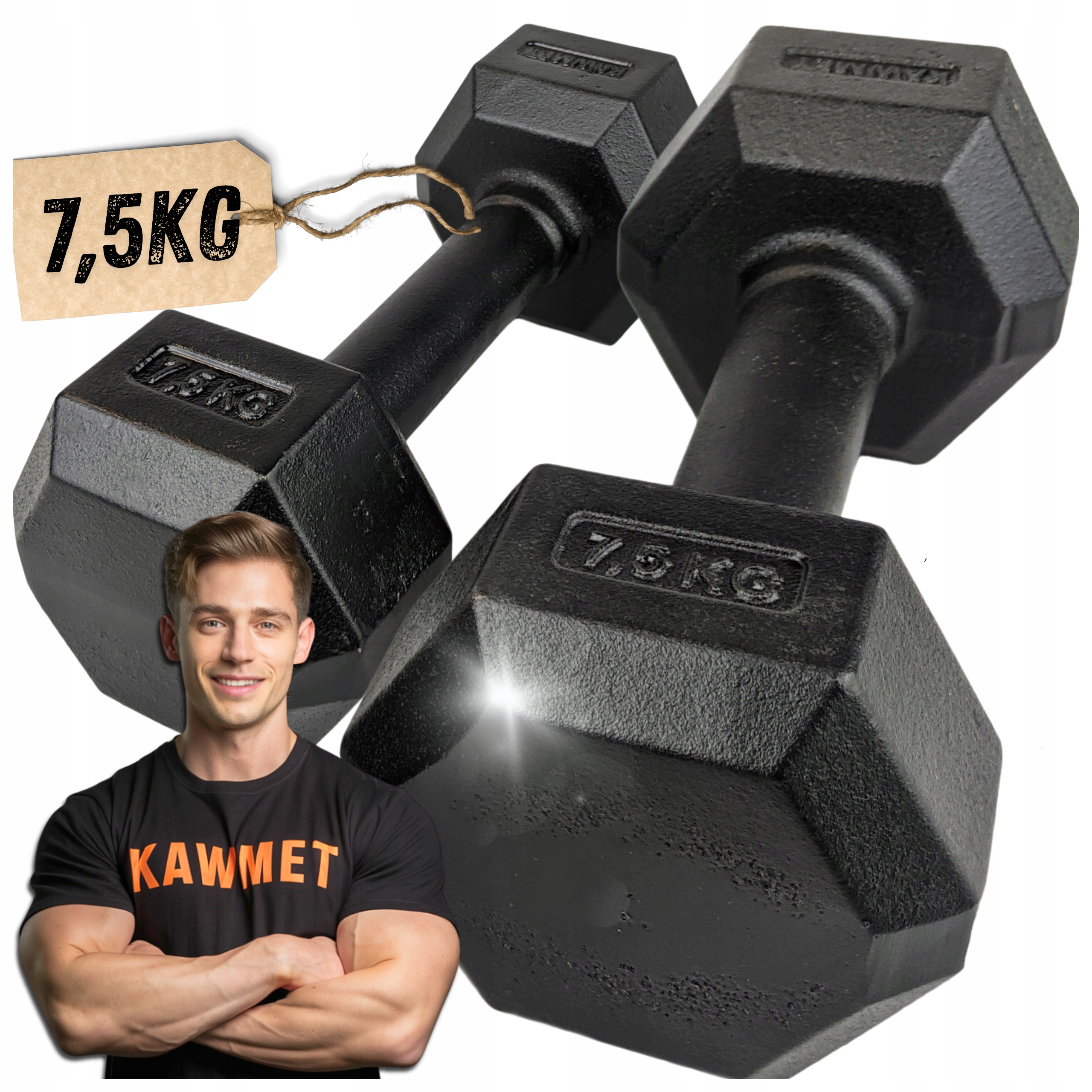 Hantle żeliwne Hex hexagonalne siłownia domowa do ćwiczeń Kawmet 2x7,5kg