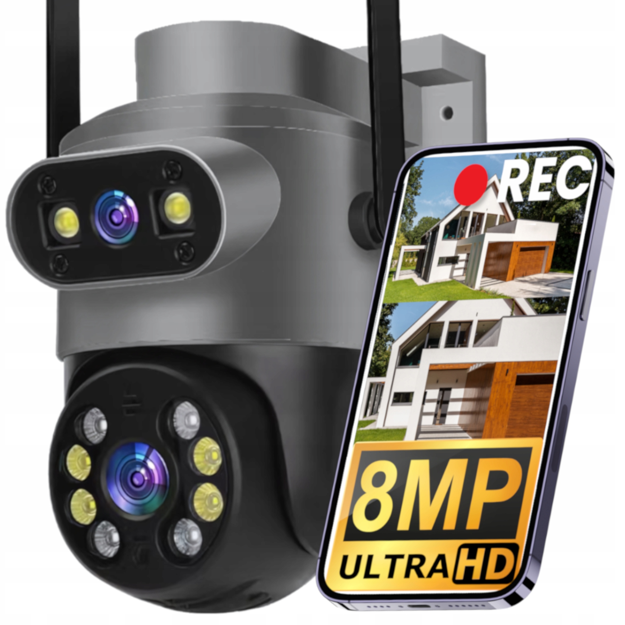 Kamera Zewnętrzna Wifi Obrotowa Podwójna 8MPX 4K Uhd Alarm Aplikacja Audio