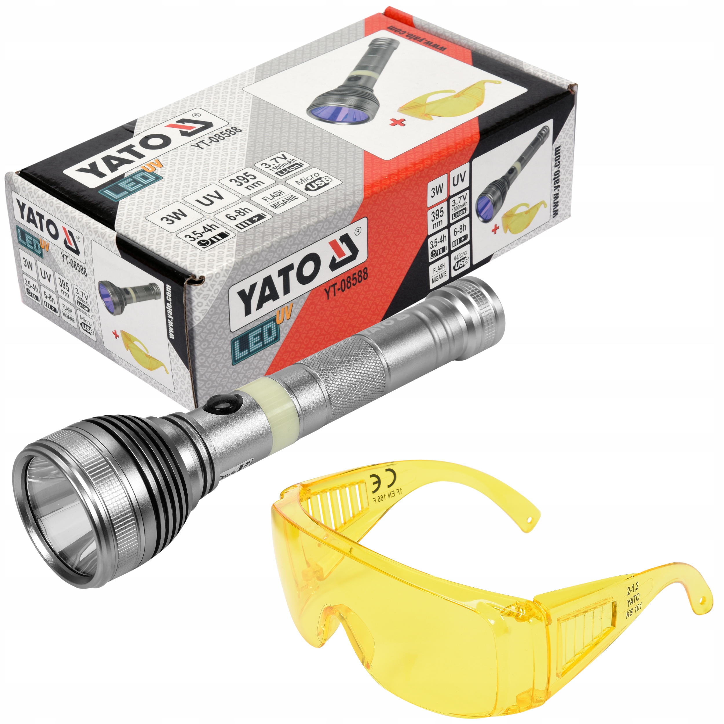 Yato Latarka Uv Led 3W Szukania Bursztynu Testowania Klimatyzacji Okulary